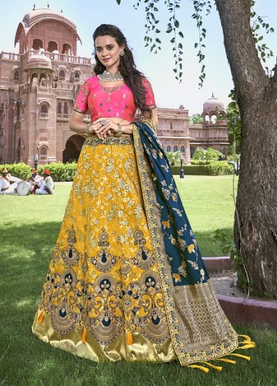 Yellow Silk Designer Jacquard Thred Coding Embroidered And Stone