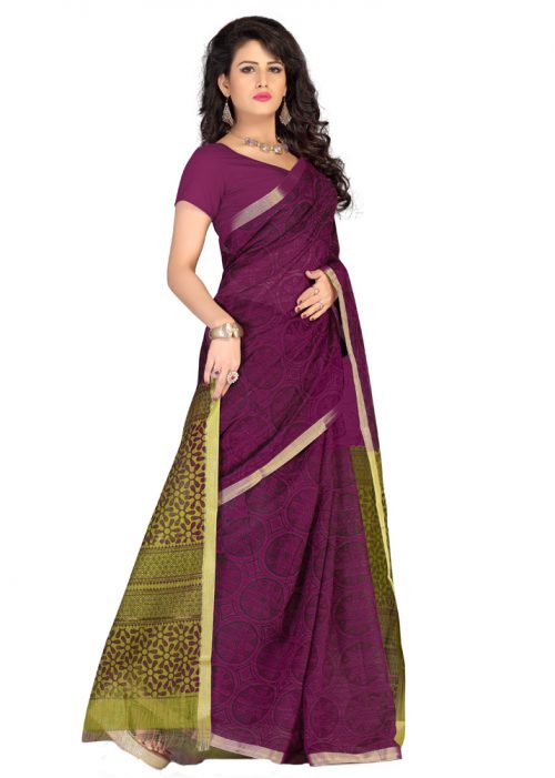 Brithika south silk saree with printed work (Purple & Olive_free size)