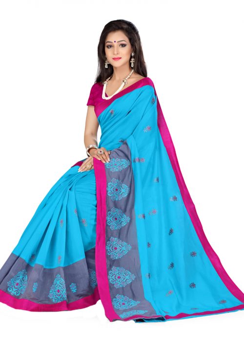 Brithika Chanderi Silk SkyBlue Color Saree With Floral Embroidery Work