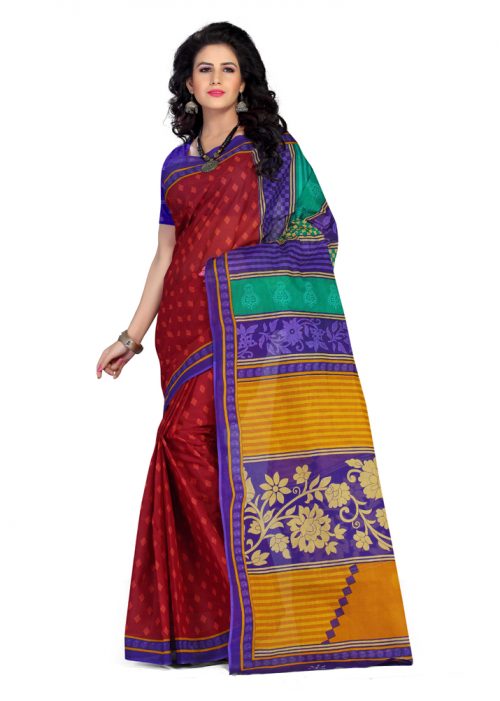 Brithika Pure Cotton Printed IndianRed Saree With Violet Border