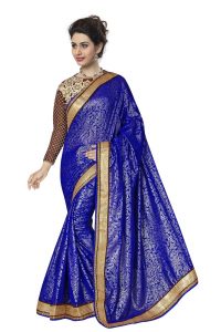 Blue Designer Faux Georgette Foil Print Saree With Heavy Embroidered Banglori Semi Stitch Blouse