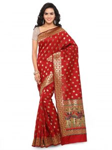 Red Designer Heavy Cotton Silk Jacquard Saree With Blouse