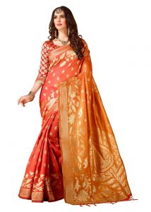 Red & Orange Designer Heavy Cotton Silk Jacquard Saree With Blouse