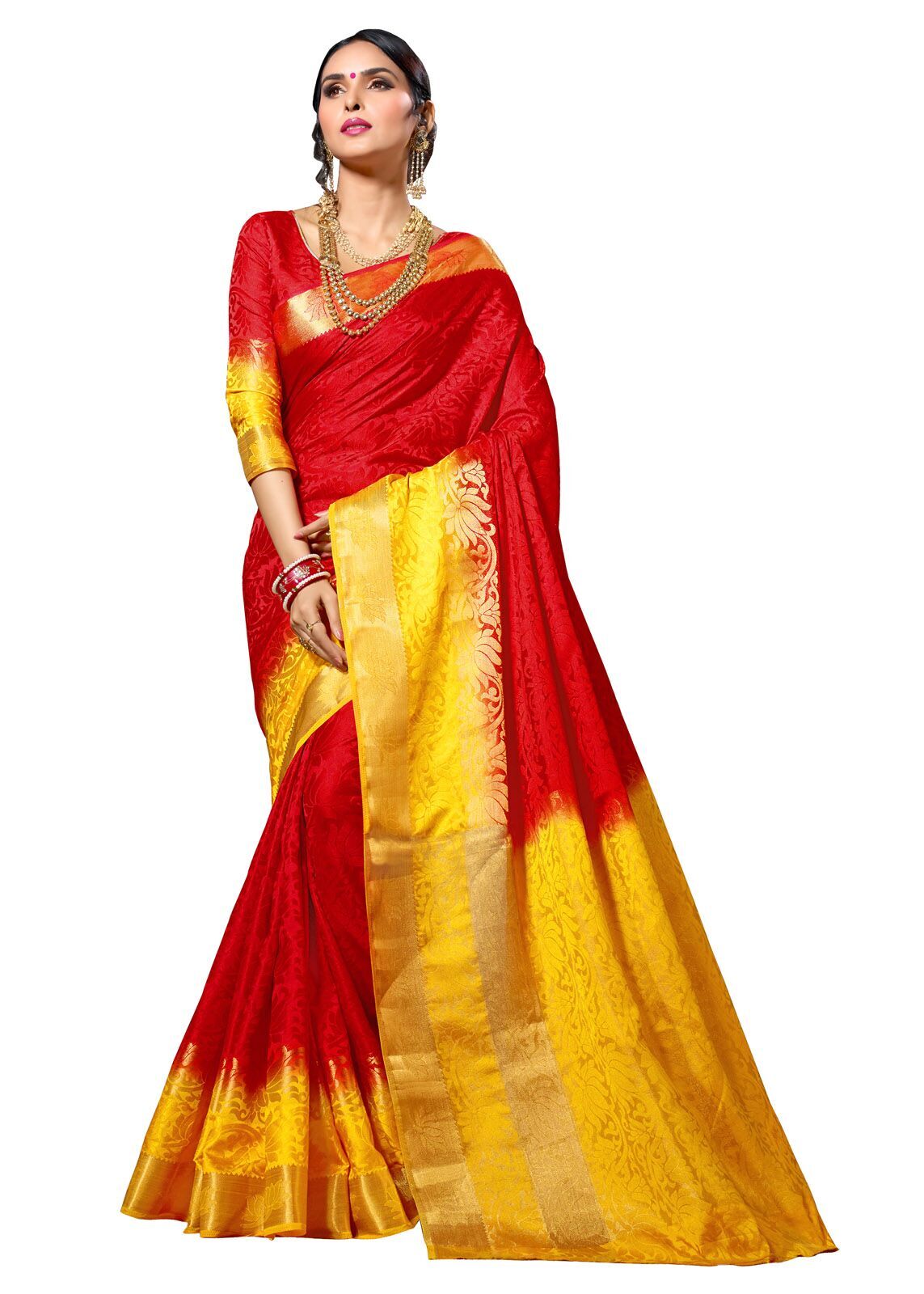 yellow saree red blouse