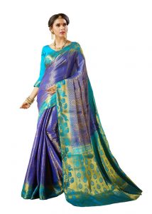 Blue & Turquoise Blue Designer Heavy Cotton Silk Jacquard Saree With Blouse