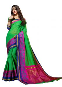 Green & Pink Designer Heavy Cotton Silk Jacquard Saree With Blouse