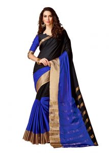 Black & Blue Designer Heavy Cotton Silk Jacquard Saree With Blouse