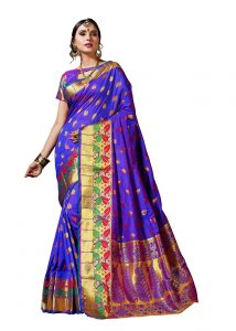 Purple & Blue Designer Heavy Cotton Silk Jacquard Saree With Blouse