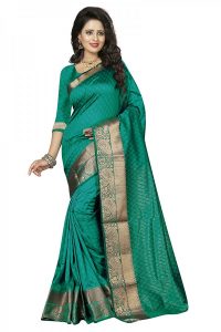 Rama Color Cotton Jequard Saree with Blouse