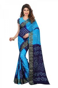 Blue & Firozi Color Cotton Silk Bandhani Saree with Blouse