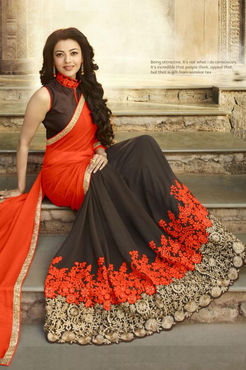 Orange and black Georgette Fancy Saree