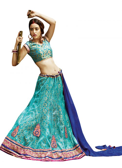 Women's Net Fabric & Turquoise Color Pretty A Line Lehenga Style With Lace Work Dupatta by Brthika