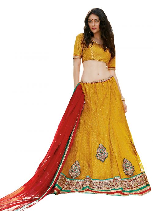 Women's Net Fabric & Butter Scotch Color Pretty A Line Lehenga Style With Crystals Stones Work Dupatta by Brthika