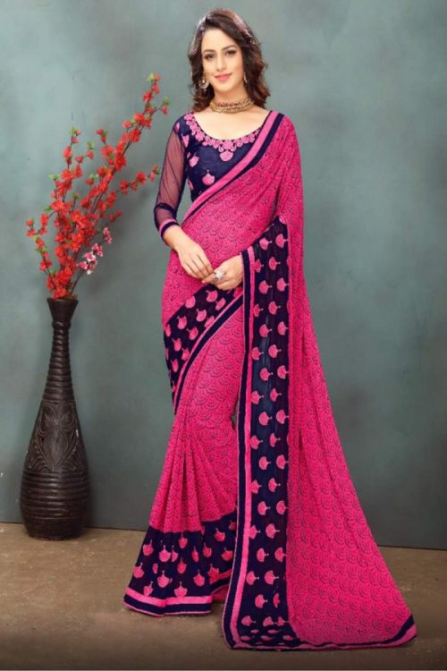 Pink Color Wetless Abstrac & Floral Print with Lace Border Saree with Blouse