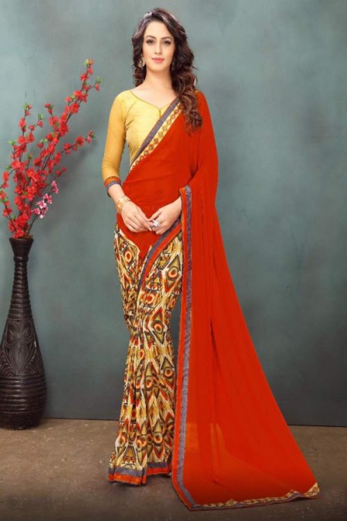 Cream&Red Color Wetless Abstrac & Floral Print with Lace Border Saree with Blouse