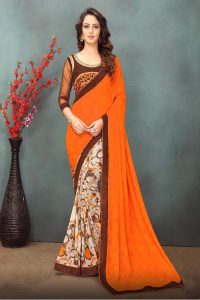 Orange&Cream Color Wetless Abstrac & Floral Print with Lace Border Saree with Blouse