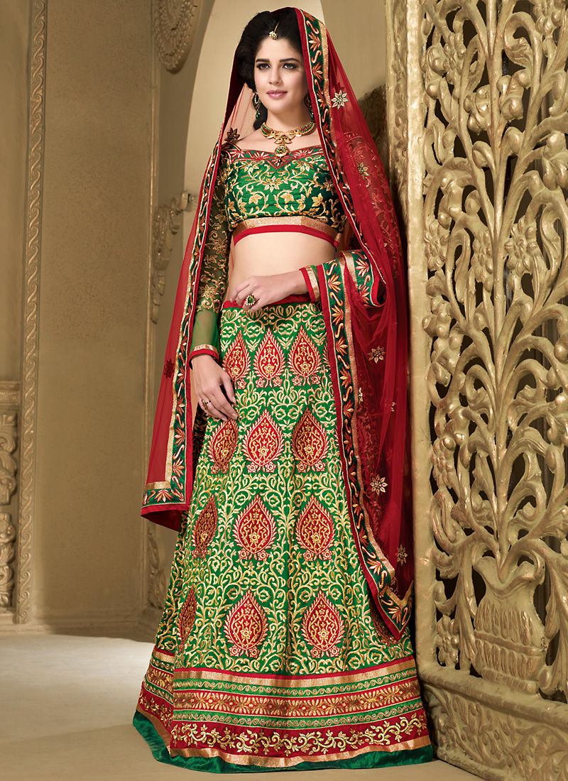 Women's Silk Fabric and Chrome Green Pretty A Line Lehenga Style With ...