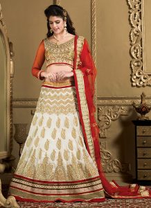 Women's Silk Fabric and Off White Pretty A Line Lehenga Style With Resham Work Dupatta by Brthika