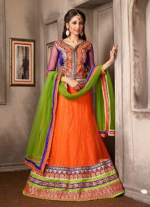 Women's Net Fabric and Deep Orange Pretty A Line Lehenga Style With Resham Work Dupatta by Brthika