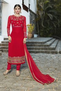 Embroidered Georgette Red Semi Stitch Stright Suit