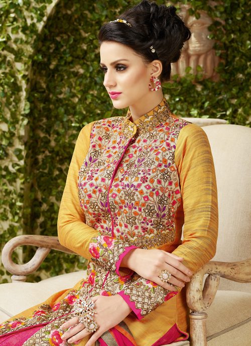 Achkan Style Yellow with Embroidery Work Incredible Unstitched Salwar Kameez by Brthika