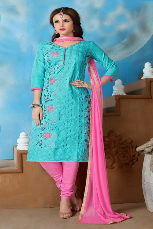 Embroidered Cotton Blue Dress Material