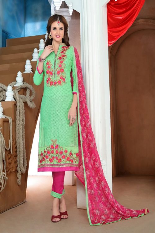 Embroidered Cotton Green Dress Material
