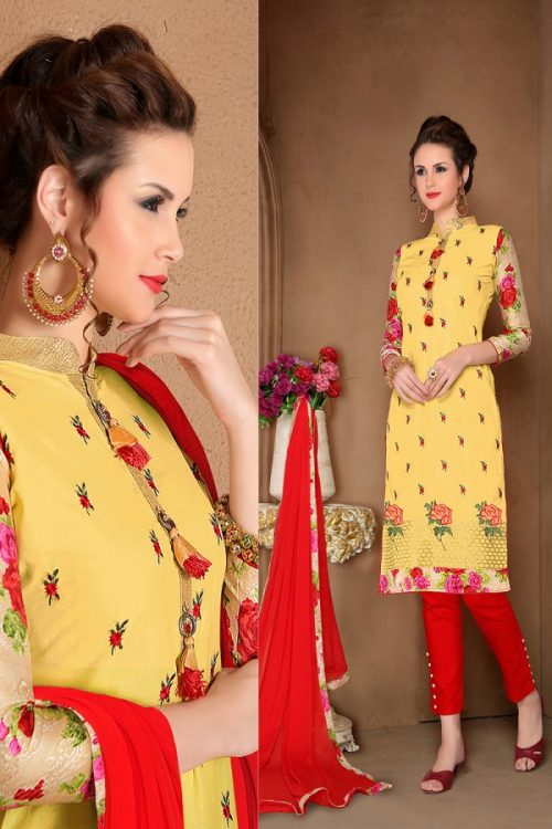 Embroidered Cotton Yellow Dress Material