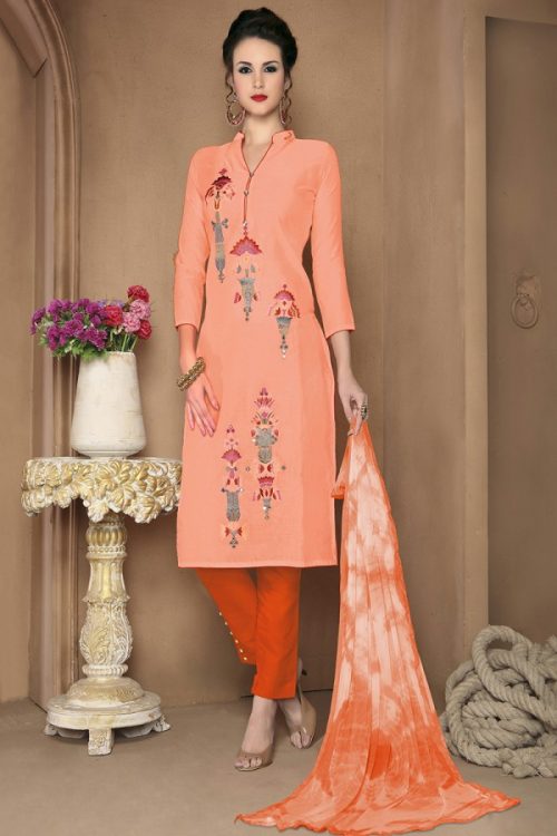 Embroidered Cotton Peach Dress Material