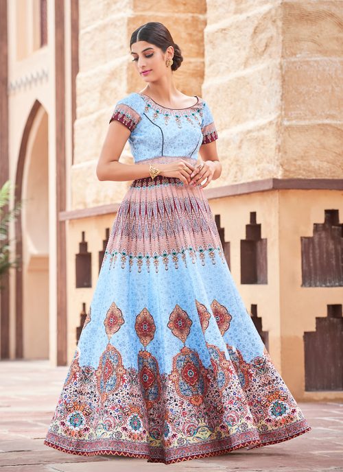 Women's Silk Fabric and Sky Blue Pretty Circular Lehenga Style With Lace Work Dupatta by Brthika