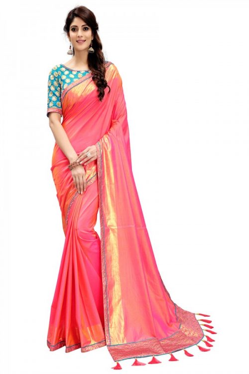 Ethnic Wear Coral Color Two Tone Silk Saree with Embroidered Blouse