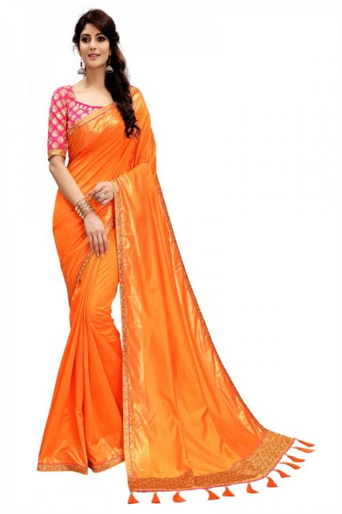 Ethnic Wear Orange Color Two Tone Silk Saree with Embroidered Blouse