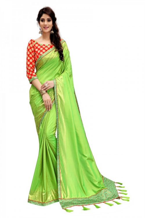 Ethnic Wear Parrot Green Color Two Tone Silk Saree with Embroidered Blouse