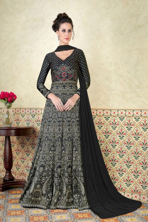 Digital Modal Print Satin Black Semi Stitched Salwar Kameez