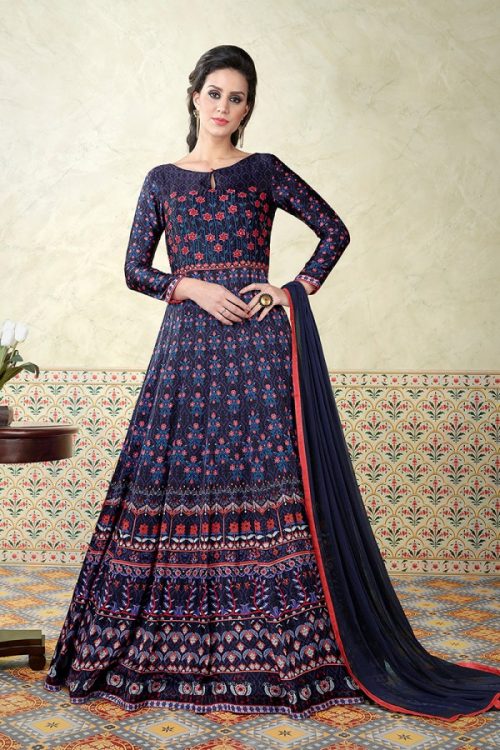 Digital Modal Print Satin Blue Semi Stitched Salwar Kameez