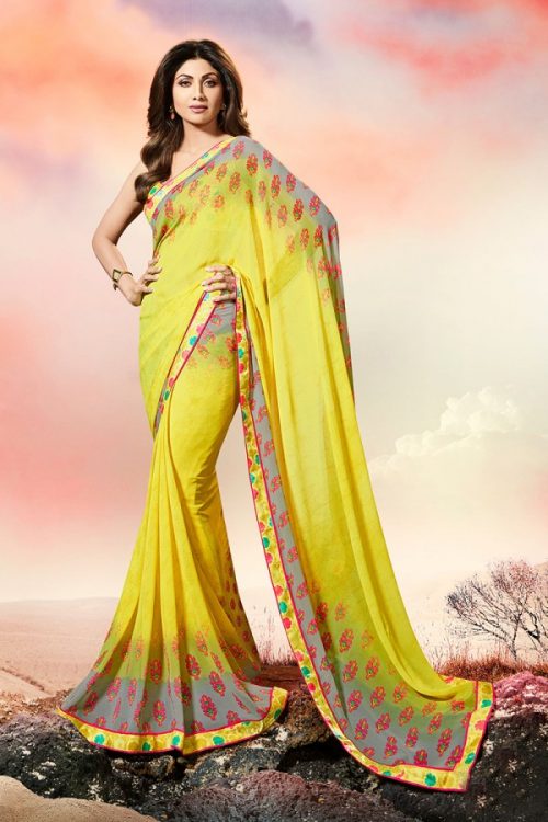 Ethnic Wear Yellow Color Georgette Lace Border Saree with Blouse