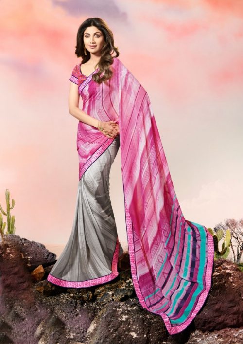 Ethnic Wear Pink&Grey Color Georgette Lace Border Saree with Blouse