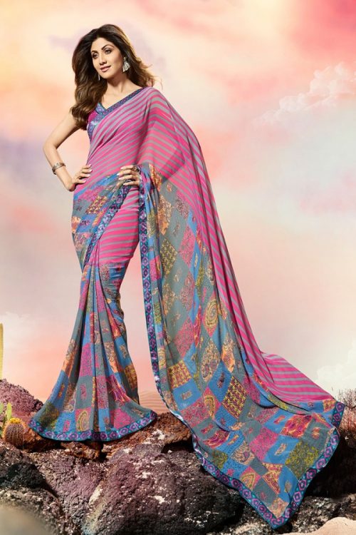 Ethnic Wear Multi Color Color Georgette Lace Border Saree with Blouse