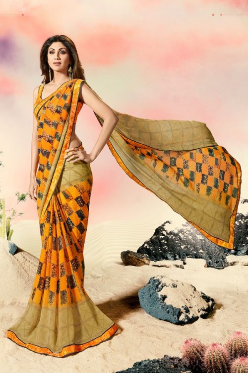 Ethnic Wear Mustard Color Georgette Lace Border Saree with Blouse