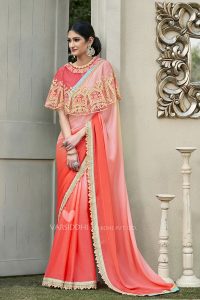 Ethnic Wear Peach Color Georgette & Chiffon Embroidery Lace Border Saree with Blouse