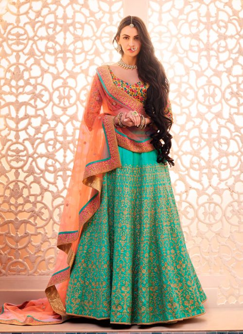 Women's Dupioni Raw Silk Fabric and Turquoise Pretty Circular Lehenga Style by Brthika