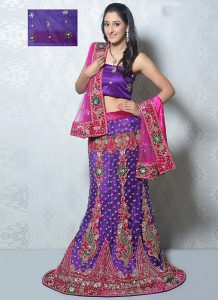 Women's Pretty Mermaid Cut Lehenga Style in Deep Purple Color With Gold Zardosi Work Dupatta by Brthika