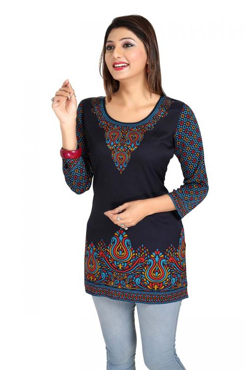 Navy Blue Printed Faux Crepe Womens Short Kurti Tunic » BRITHIKA Luxury ...