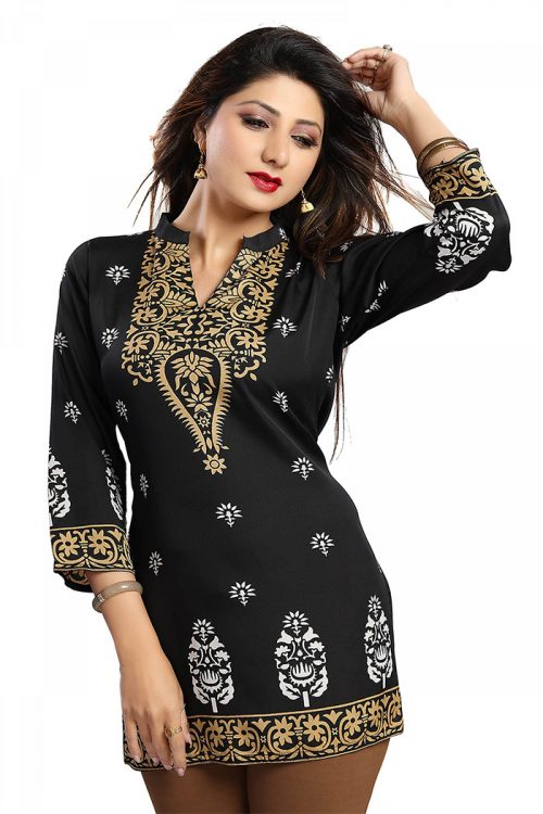 Black Printed Faux Crepe Womens Short Kurti Tunic