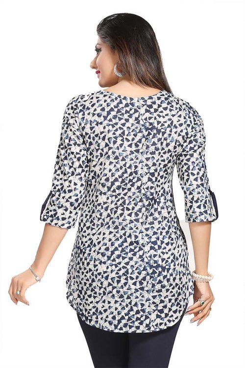 White & Blue Cotton Printed Womens Short Kurti Tunic