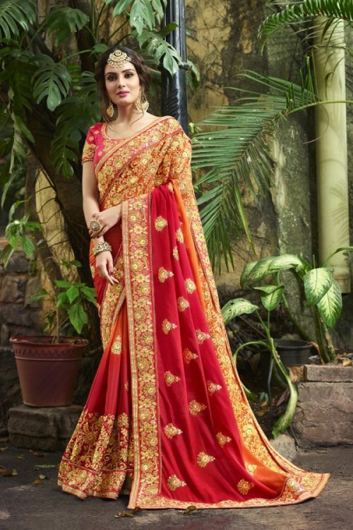 Silk Red&Orange Saree Heavy Embroidery Zari Thread & Coding Work with Embroidery Blouse