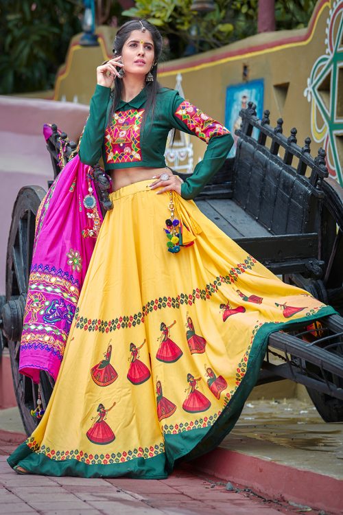 Soft Cotton Yellow Resham Embroidered Work with Real Mirror Lehenga