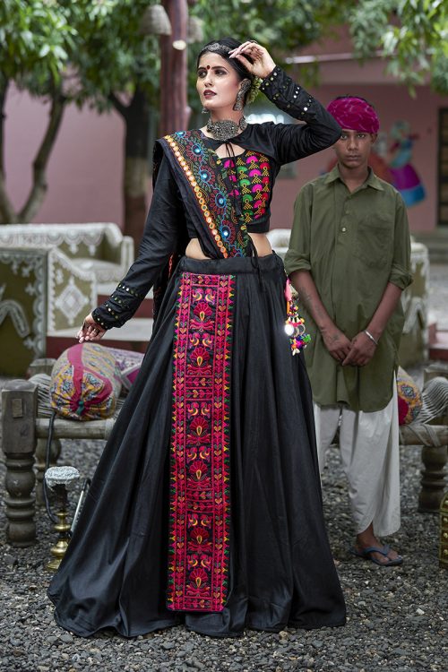 Black Soft Cotton Embroidered Lehenga Choli