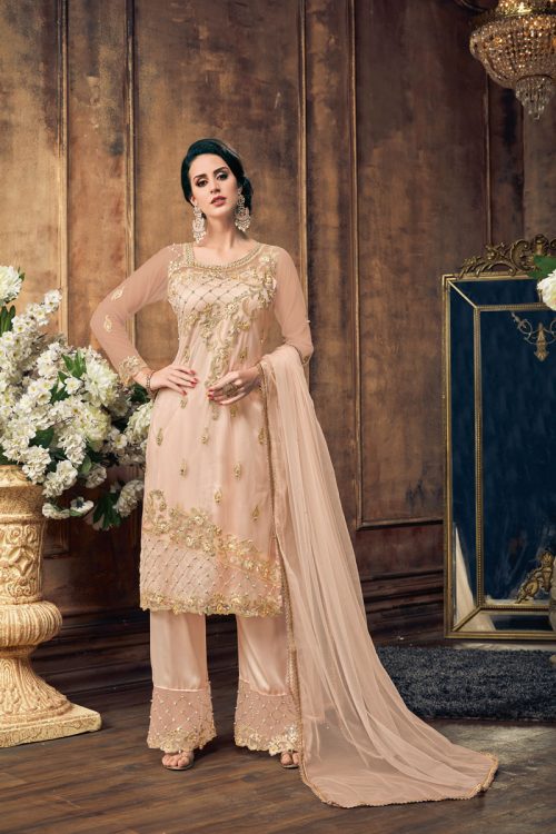 Peach NetHeavy Thread and Zari Work with Diamond Work Salwar Kameez