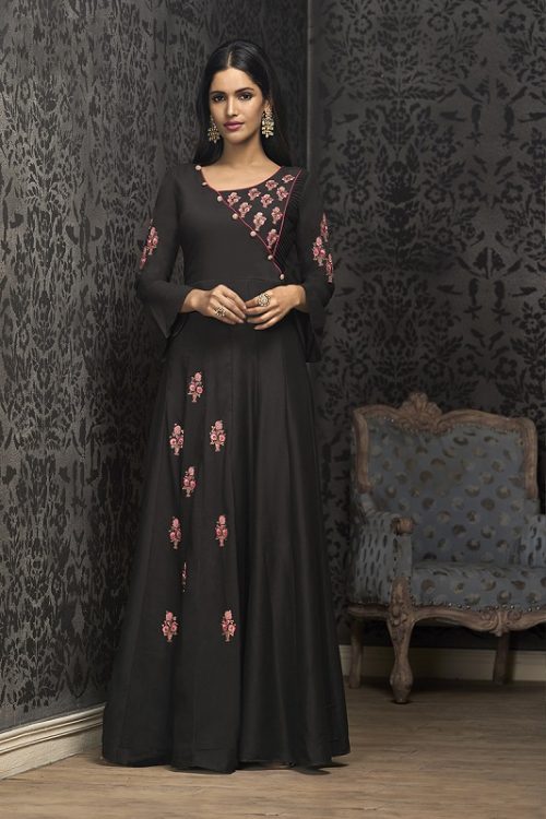 Black Musline Heavy Thread Embroidered on Neck, Sleeve & Daman with Embroidered Dupatta Gown